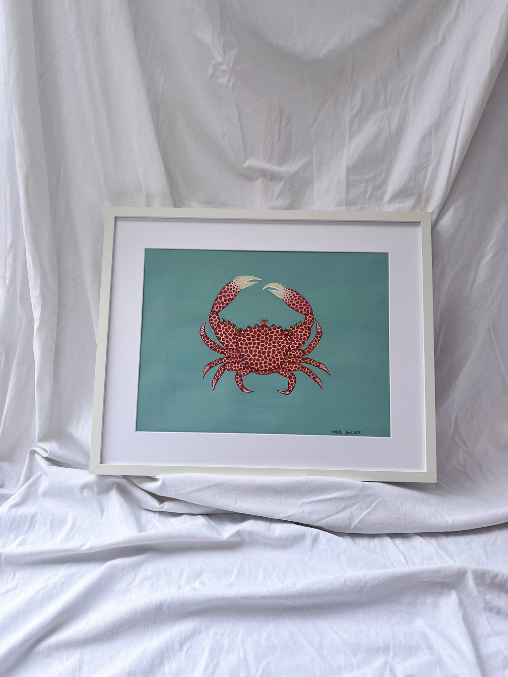Peinture crabe corallicole à pois rouges